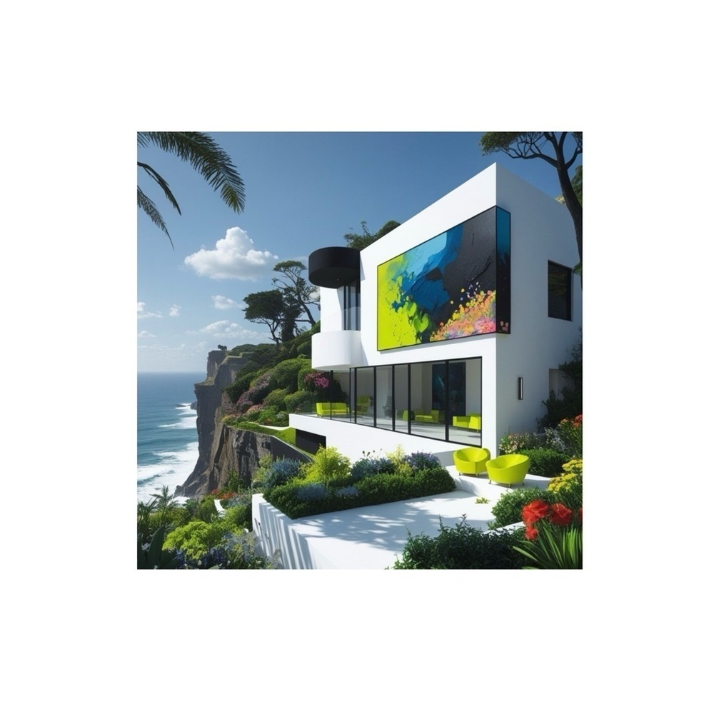 HANDCRAFTED Contemporary White Cliffside House with Vibrant Art digital print